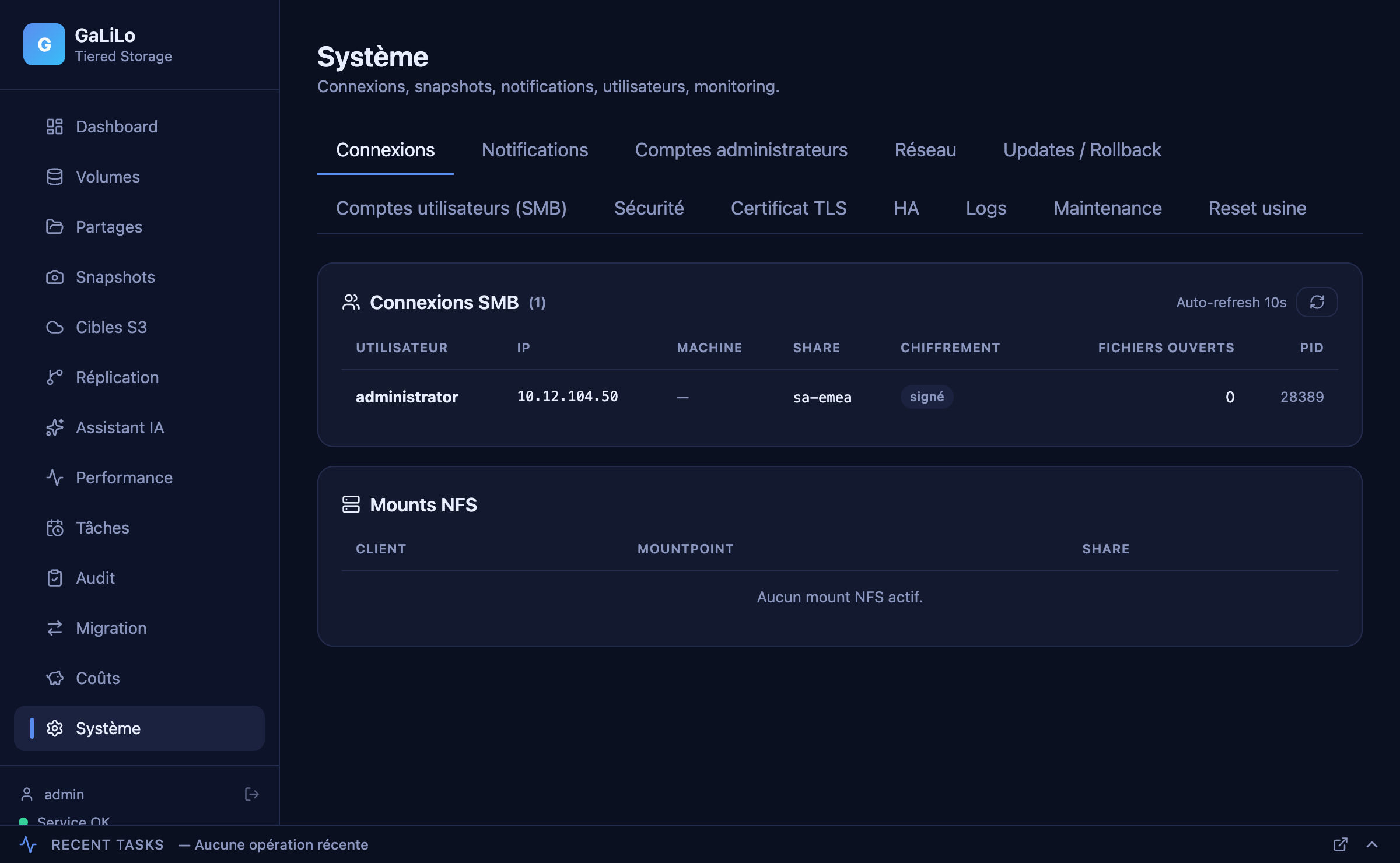 Connexions SMB et NFS actives dans Caelum